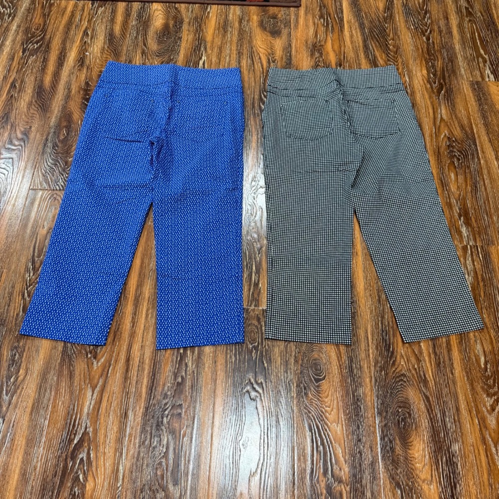 Linda Matthews Women Size M Cropped Pull On Pants Bundle Blue Dash Gingham Plaid